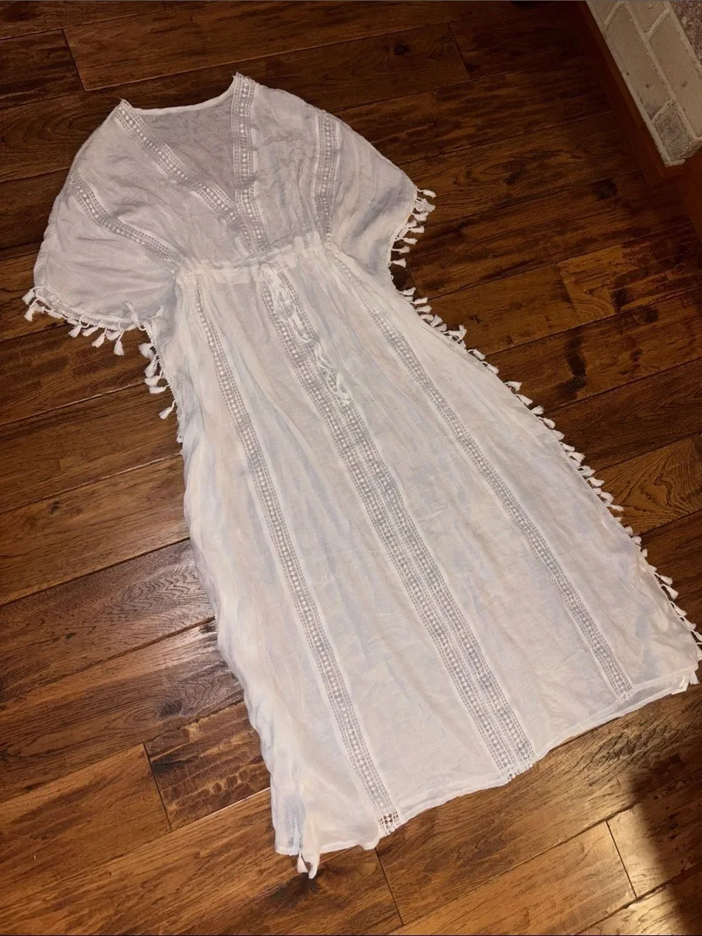 Women's White Embroidered Tassel Maxi Dress